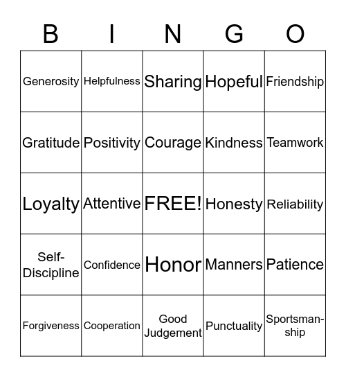 Character Traits Bingo Card