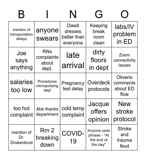 CT Meeting Bingo Card