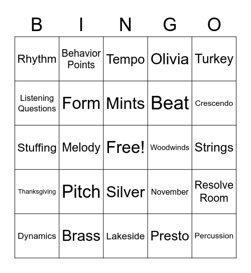 Elements of Music Bingo Card