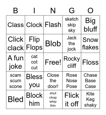 Bl-, Cl-, Fl-, sounds of 's', digraphs and /k/ rules Bingo Card