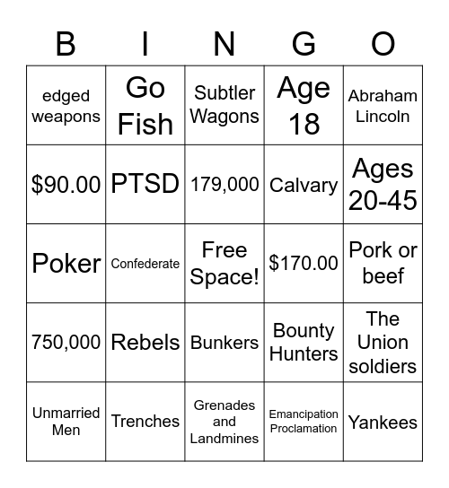 Civil War Bingo Card