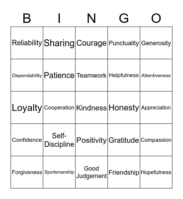 Character Traits Bingo Card