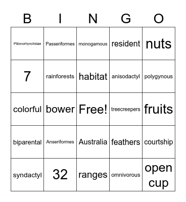 Ptilonorhynchidae Bingo Card