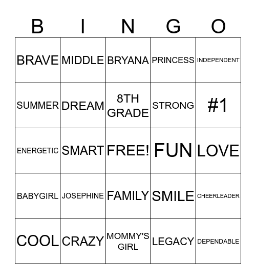 BRYANA'S 13TH BIRTHDAY Bingo Card
