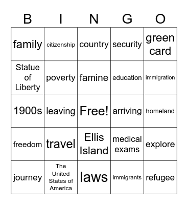 Ellis Island Bingo Card