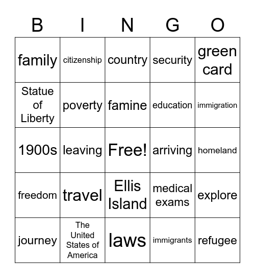 Ellis Island Bingo Card