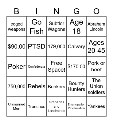 Civil War Bingo Card