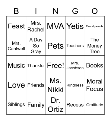 Gratitude BINGO Card