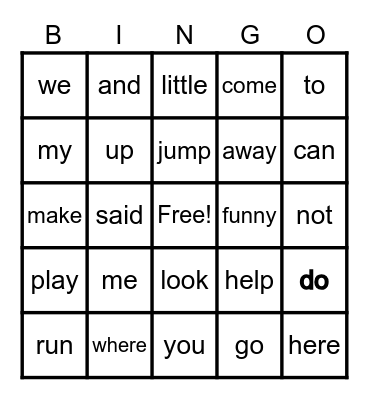 Sight Words Set 1 Bingo Card