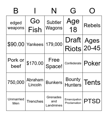 Civil War Bingo Card