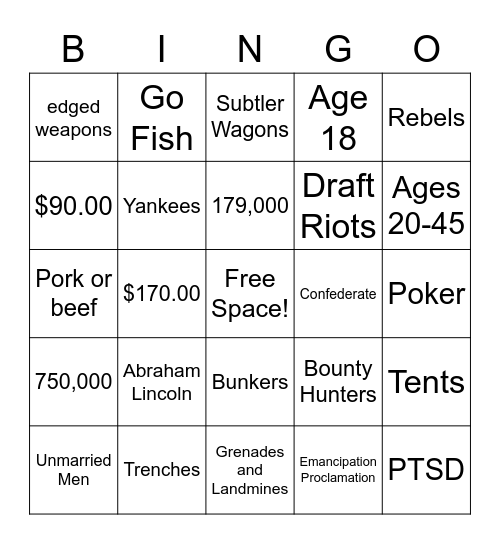 Civil War Bingo Card