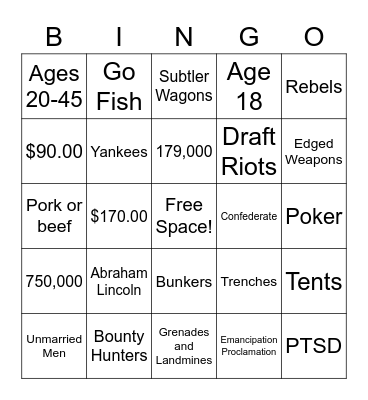 Civil War Bingo Card