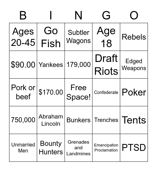 Civil War Bingo Card