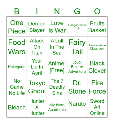 Anime Bingo Card