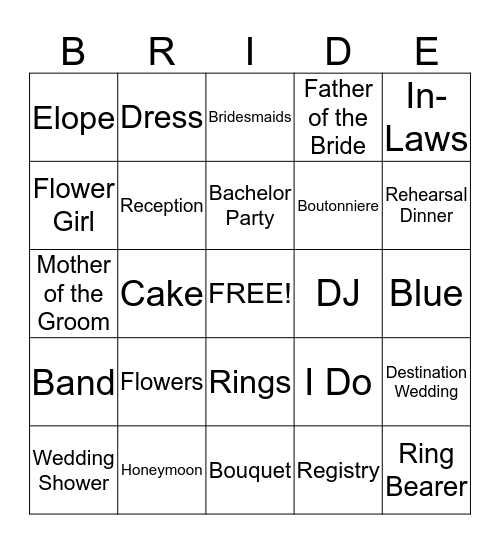 Allison's Wedding Shower Bingo Card