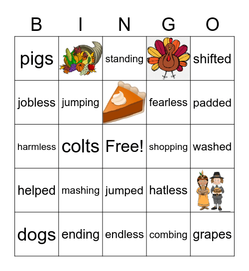 Suffixes -ed -ing - less -s Bingo Card