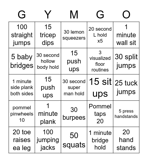 Gymnastics workout Bingo Card
