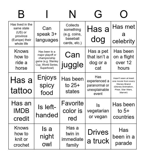 Icebreaker Bingo Card