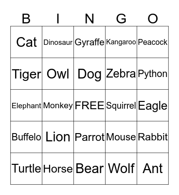 Animal Safari Bingo Card