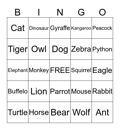 Animal Safari Bingo Card