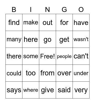 1st Grade Sight Word Bingo Card