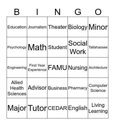 Undergaduate Student Success Center Bingo Card