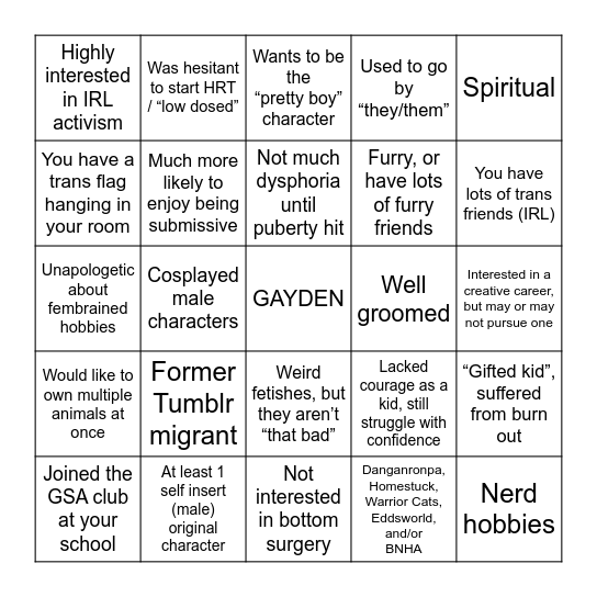 TYPE II Bingo Card