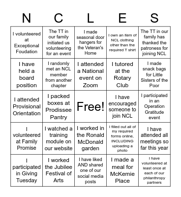 National Charity League Bingo Card