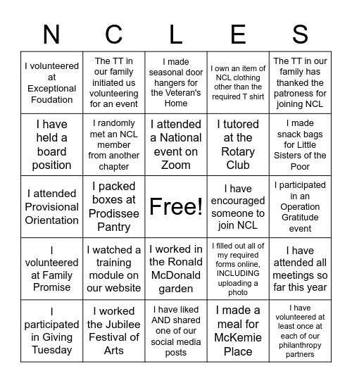 National Charity League Bingo Card