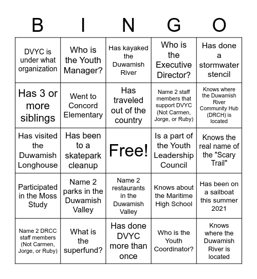 Duwamish Valley Youth Corps Bingo Card