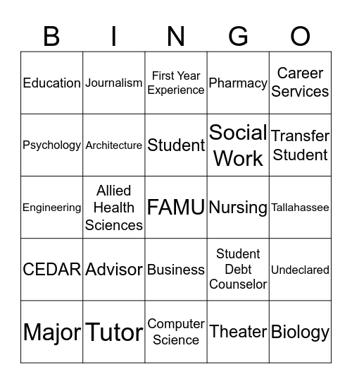 Undergaduate Student Success Center Bingo Card