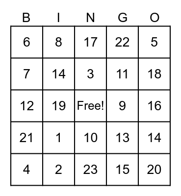 Welcome Back Bingo Card