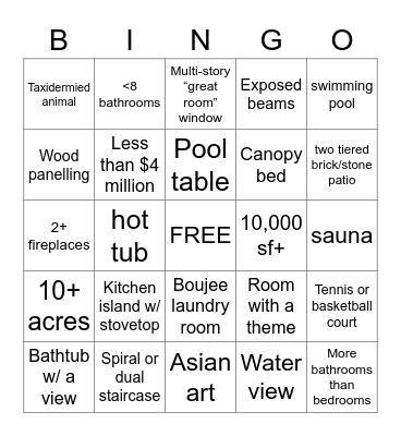 Zillow McMansion Bingo Card