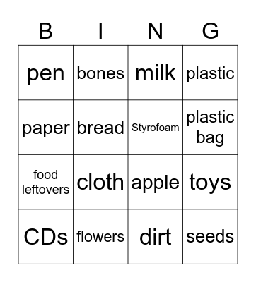 Biodegradable/Non-Biodegradable Waste Bingo Card