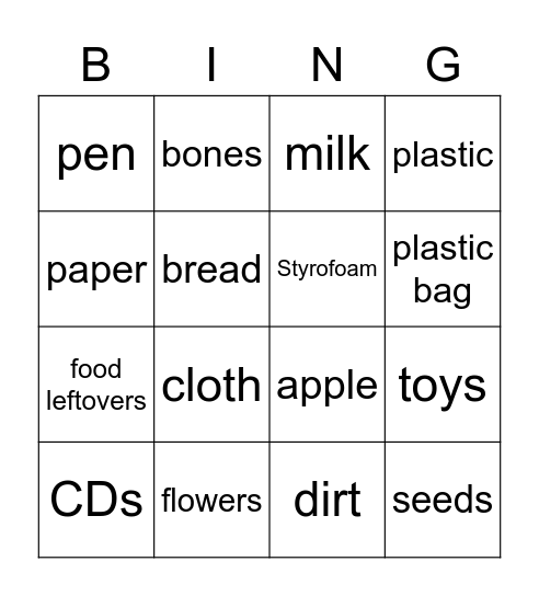 Biodegradable/Non-Biodegradable Waste Bingo Card