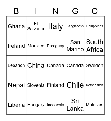 Countries Bingo Card