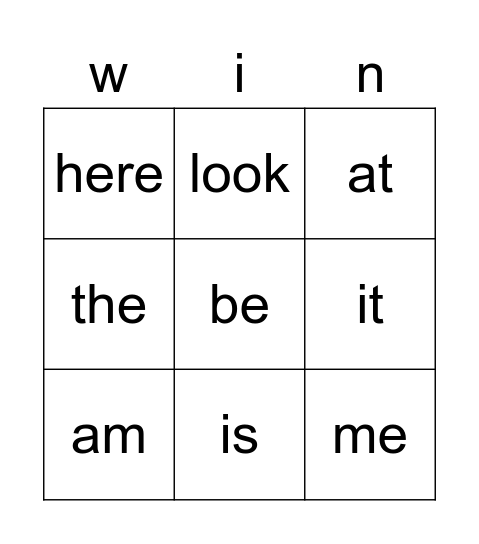 Word List 1 & 2 Bingo Card