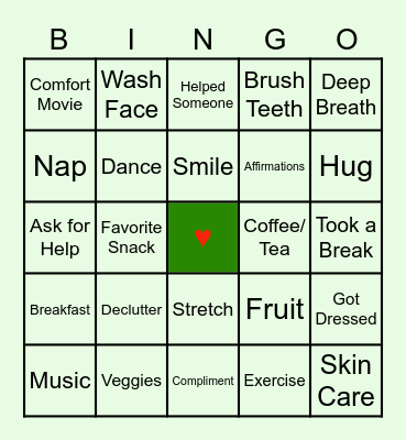 Self-Care Bingo! Bingo Card