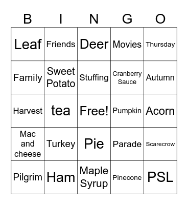 Happy Thanksgiving Bingo Card