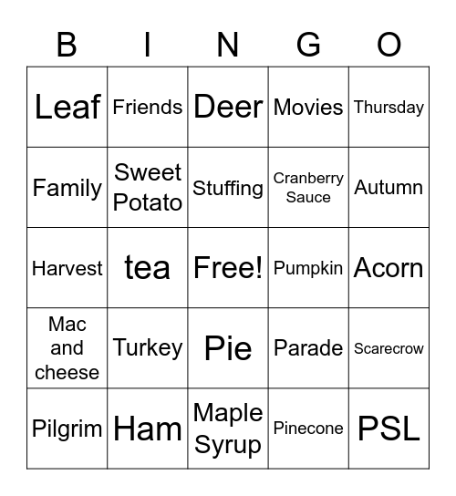 Happy Thanksgiving Bingo Card