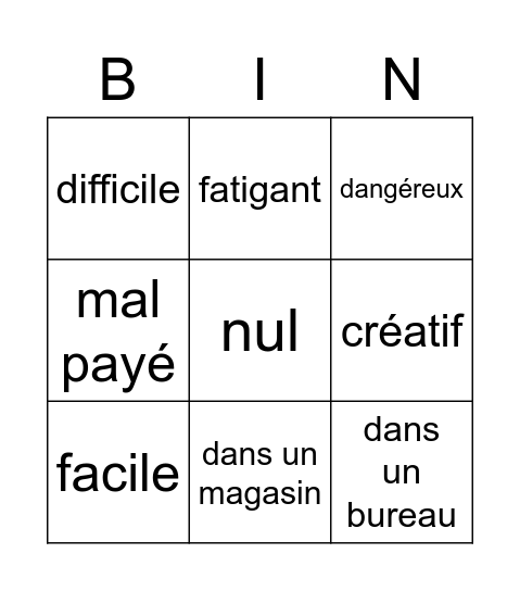 Qu'est-ce que tu veux etre Bingo Card