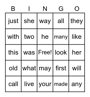 Sight Words Bing Bingo Card