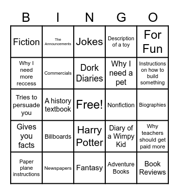 Author's Purpose Bingo Card
