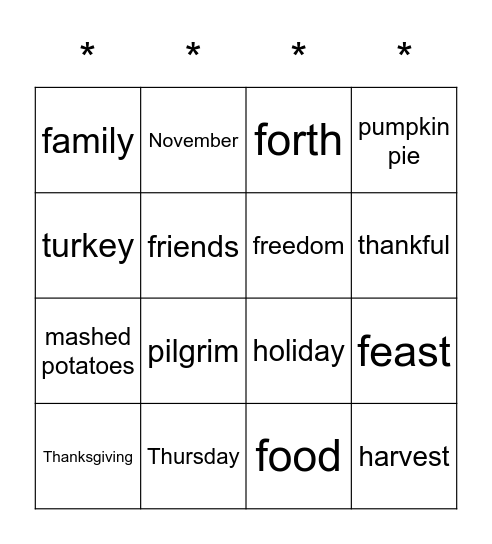 Happy Thanksgiving! Bingo Card