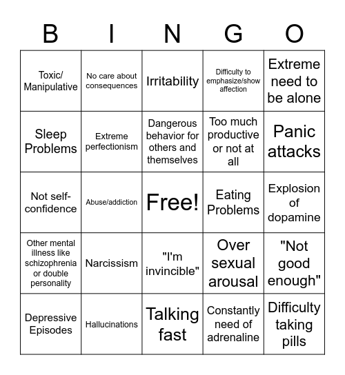 Bipolar Disorder Bingo Card