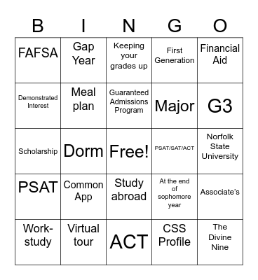 College BINGO! Bingo Card