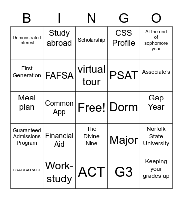 College BINGO! Bingo Card