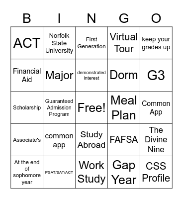 College BINGO! Bingo Card