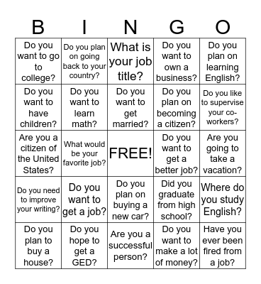 Goals Bingo Card