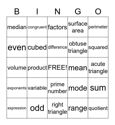 Math Terms Bingo Card